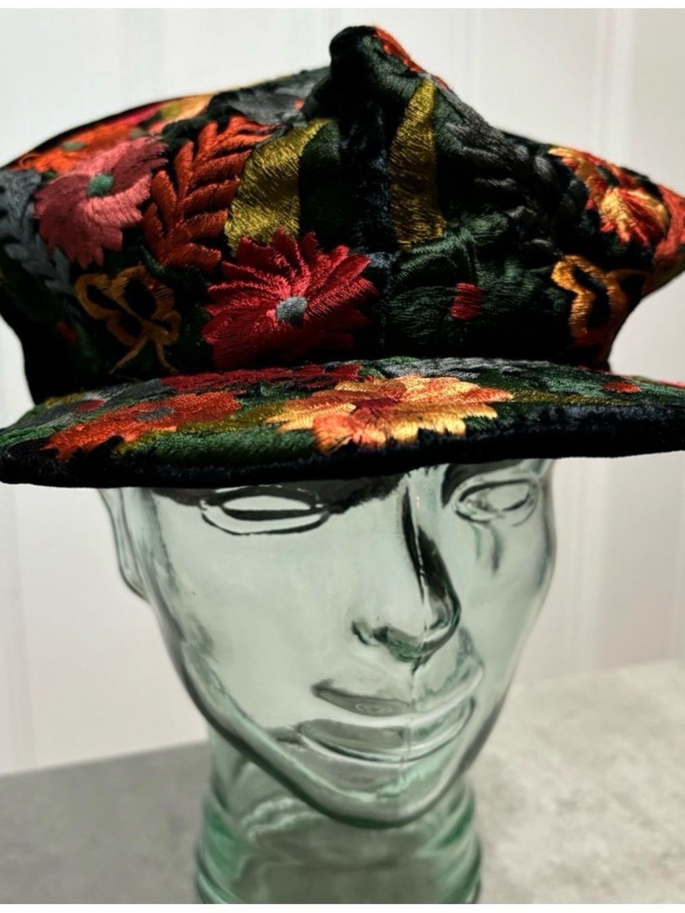 Embroidered Floral Velvet Baker Boy Page Cap in Black Multicolor